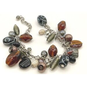 Bohemian Charm Bracelet Multi Gemstone Dangles Silver Tone‎ Adjustable
